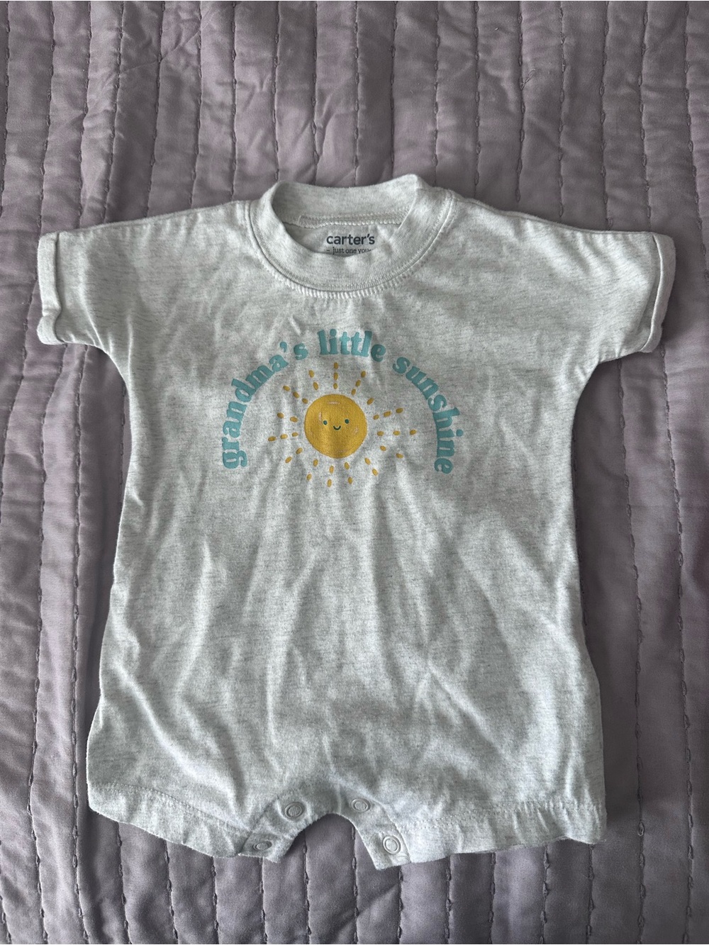Carter's Light Gray Baby Romper with Yellow Sun and Teal Text